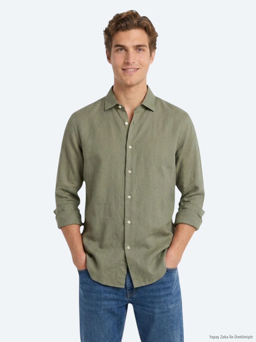 Dark Green Plain Regular Fit Long Weaving Casual Cotton Blended Shirt - 4