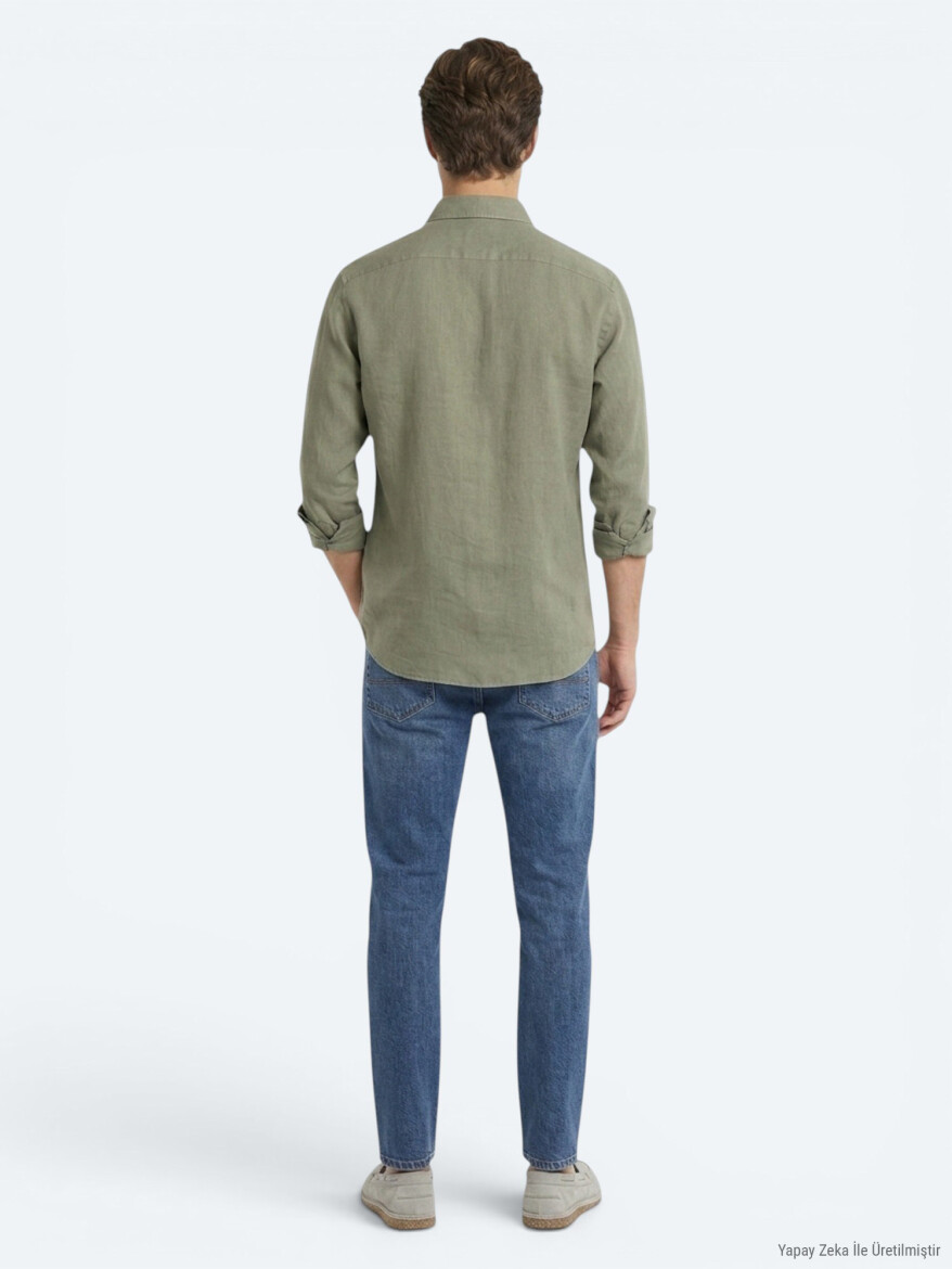 Dark Green Plain Regular Fit Long Weaving Casual Cotton Blended Shirt - 5