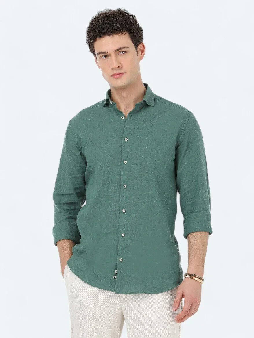 Dark Green Plain Regular Fit Weaving Casual Cotton Blended Shirt - 1