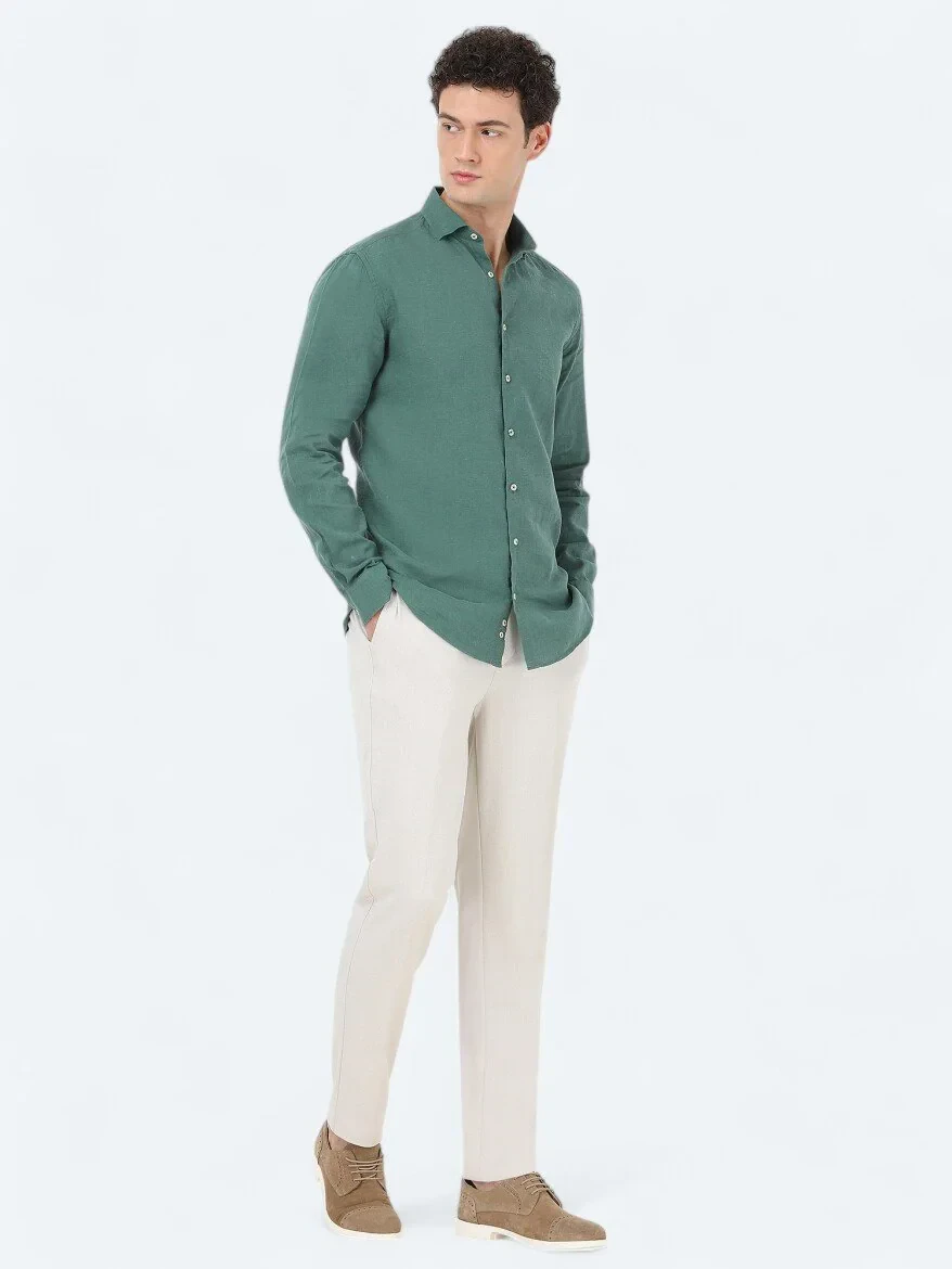 Dark Green Plain Regular Fit Weaving Casual Cotton Blended Shirt - 2