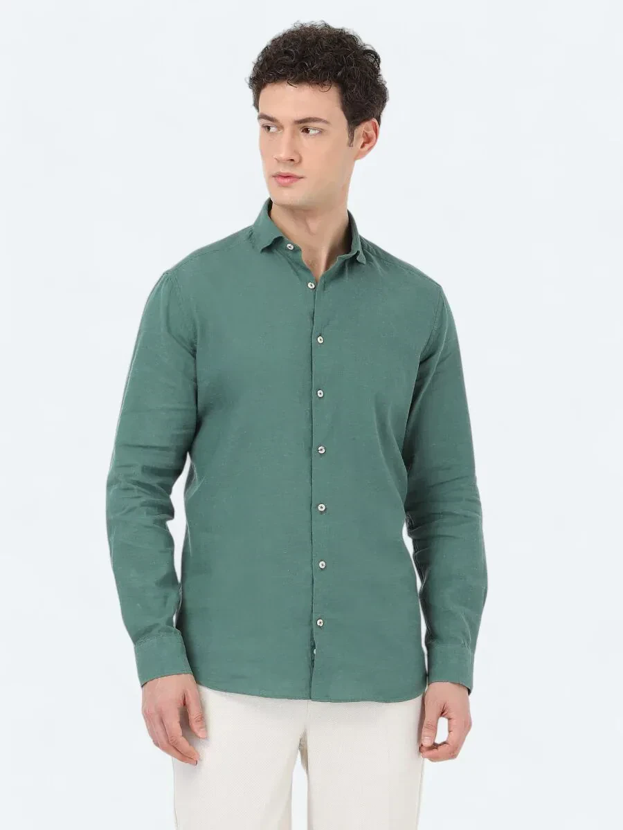 Dark Green Plain Regular Fit Weaving Casual Cotton Blended Shirt - 3