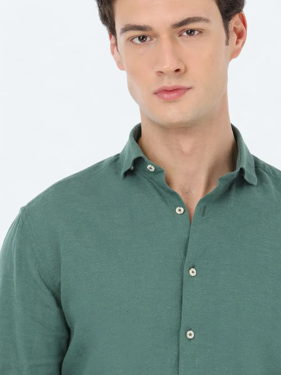 Dark Green Plain Regular Fit Weaving Casual Cotton Blended Shirt - 4