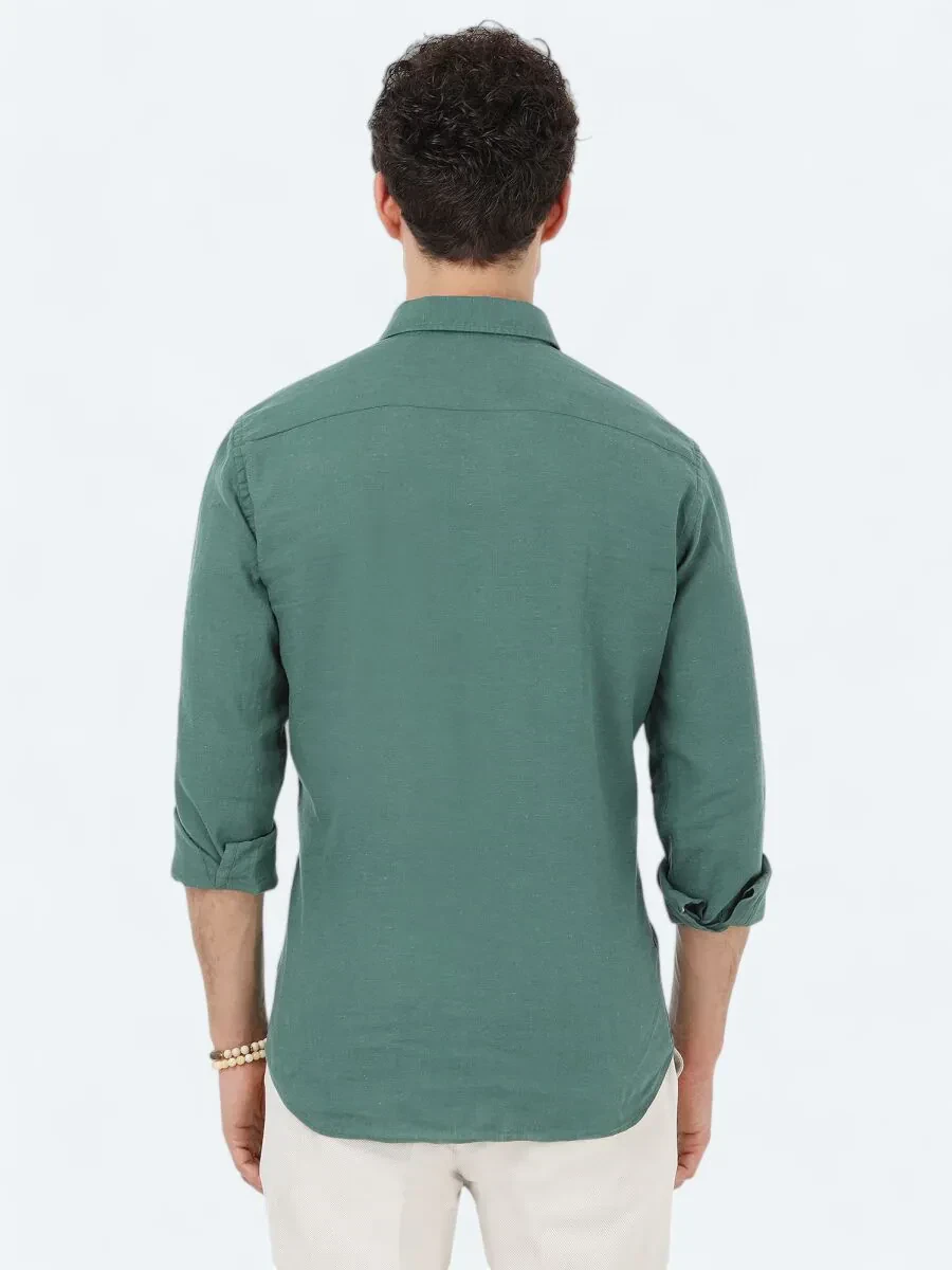 Dark Green Plain Regular Fit Weaving Casual Cotton Blended Shirt - 5