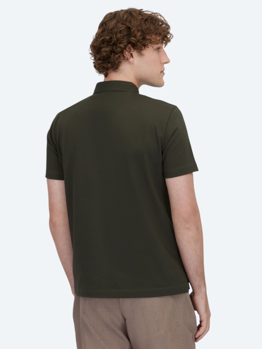 Dark Green Polo Neck Cotton Blended T-Shirt - 5