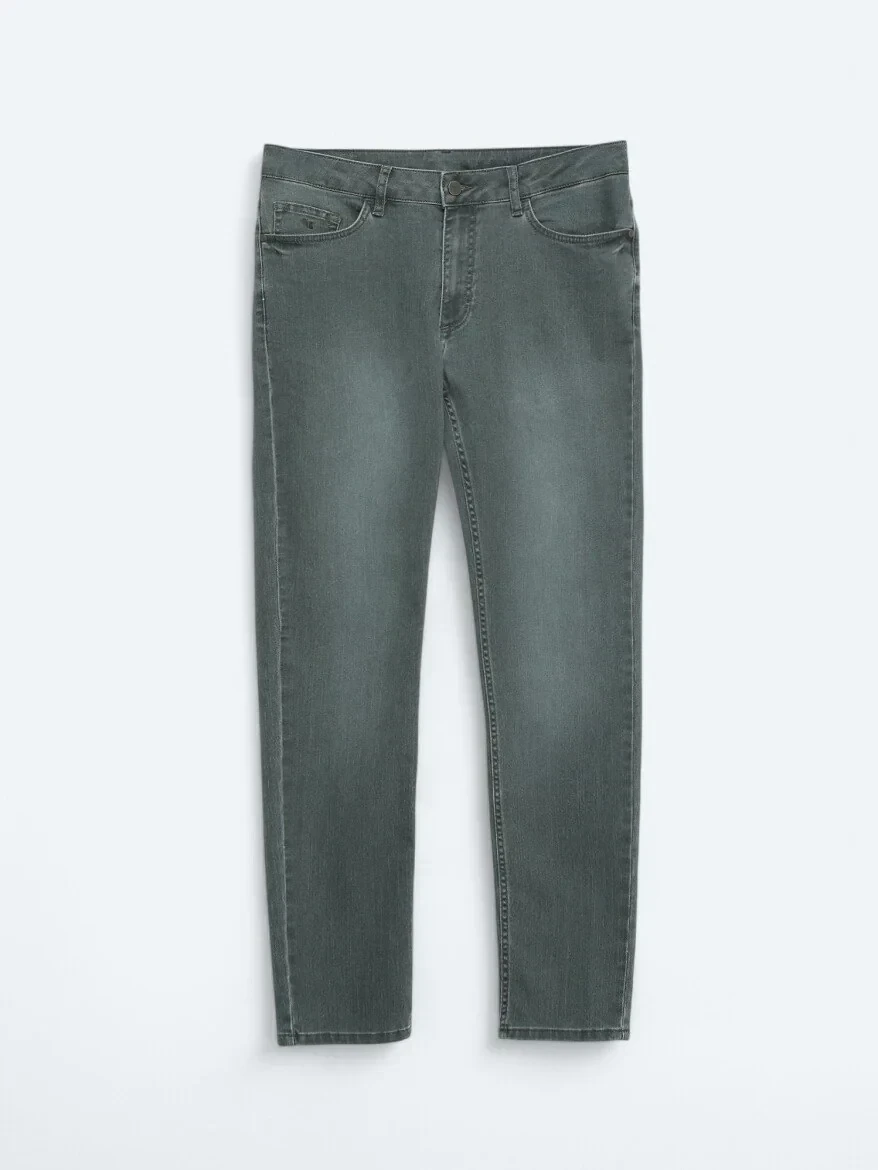 Dark Green Slim Fit Denim Cotton Blended Trousers - 5