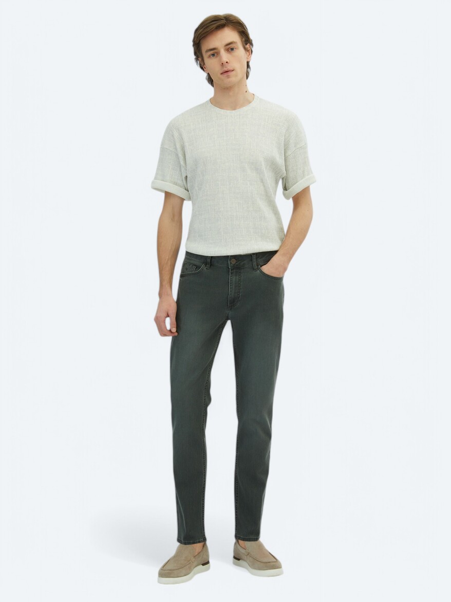 Dark Green Slim Fit Denim Cotton Blended Trousers - KİP