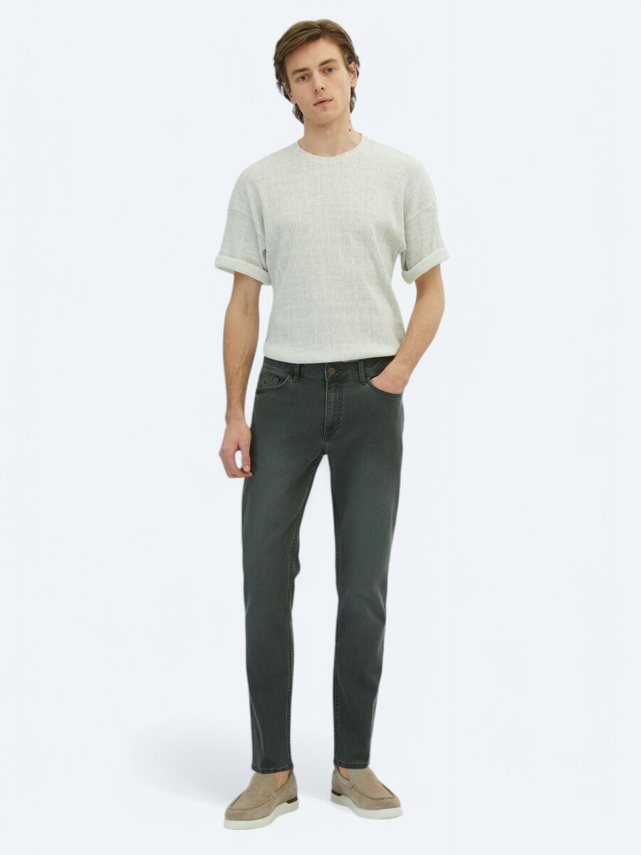 Dark Green Slim Fit Denim Cotton Blended Trousers - 1