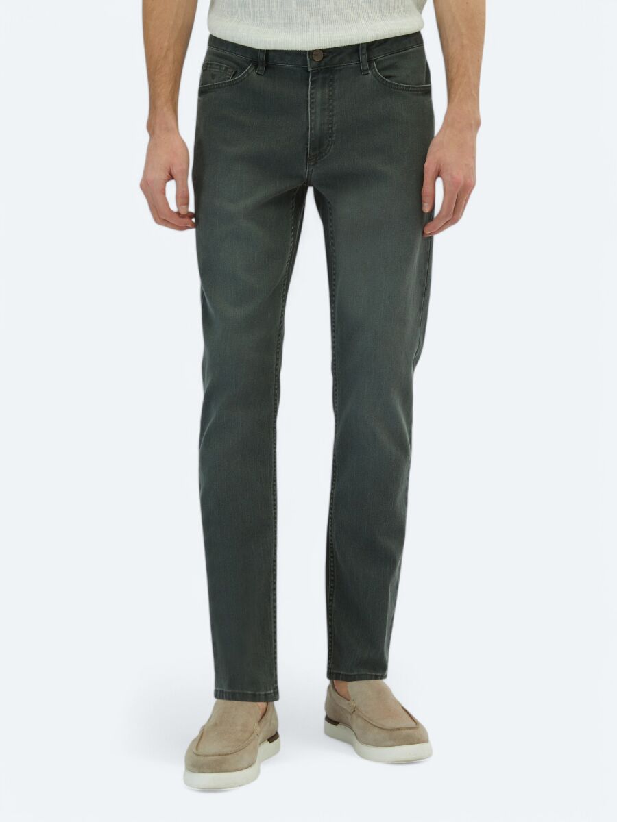 Dark Green Slim Fit Denim Cotton Blended Trousers - 2