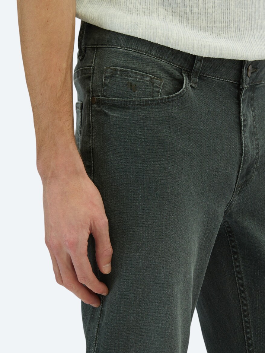 Dark Green Slim Fit Denim Cotton Blended Trousers - 3