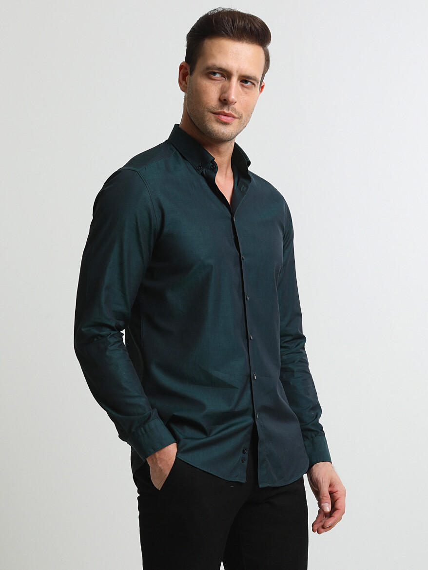 Dark Green Striped Slim Fit Long Weaving Casual 100% Cotton Shirt - 1