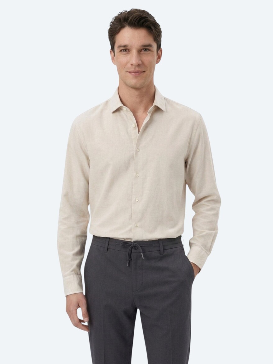 Dark Grey Plain Regular Fit Long Weaving Casual Cotton Blended Shirt 
