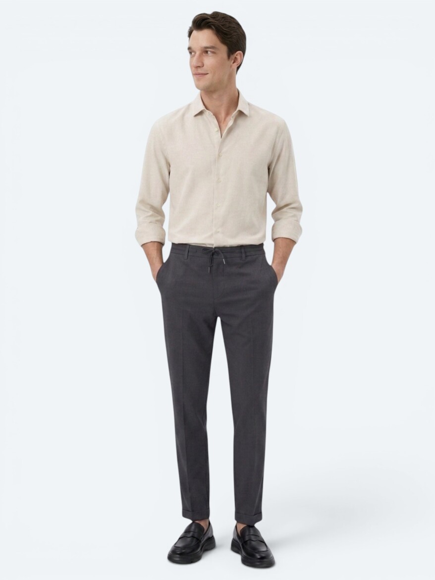 Dark Grey Plain Regular Fit Long Weaving Casual Cotton Blended Shirt - 2