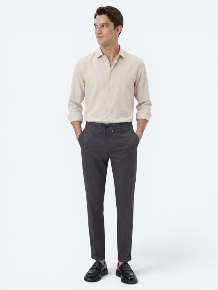 Dark Grey Plain Regular Fit Long Weaving Casual Cotton Blended Shirt - 2
