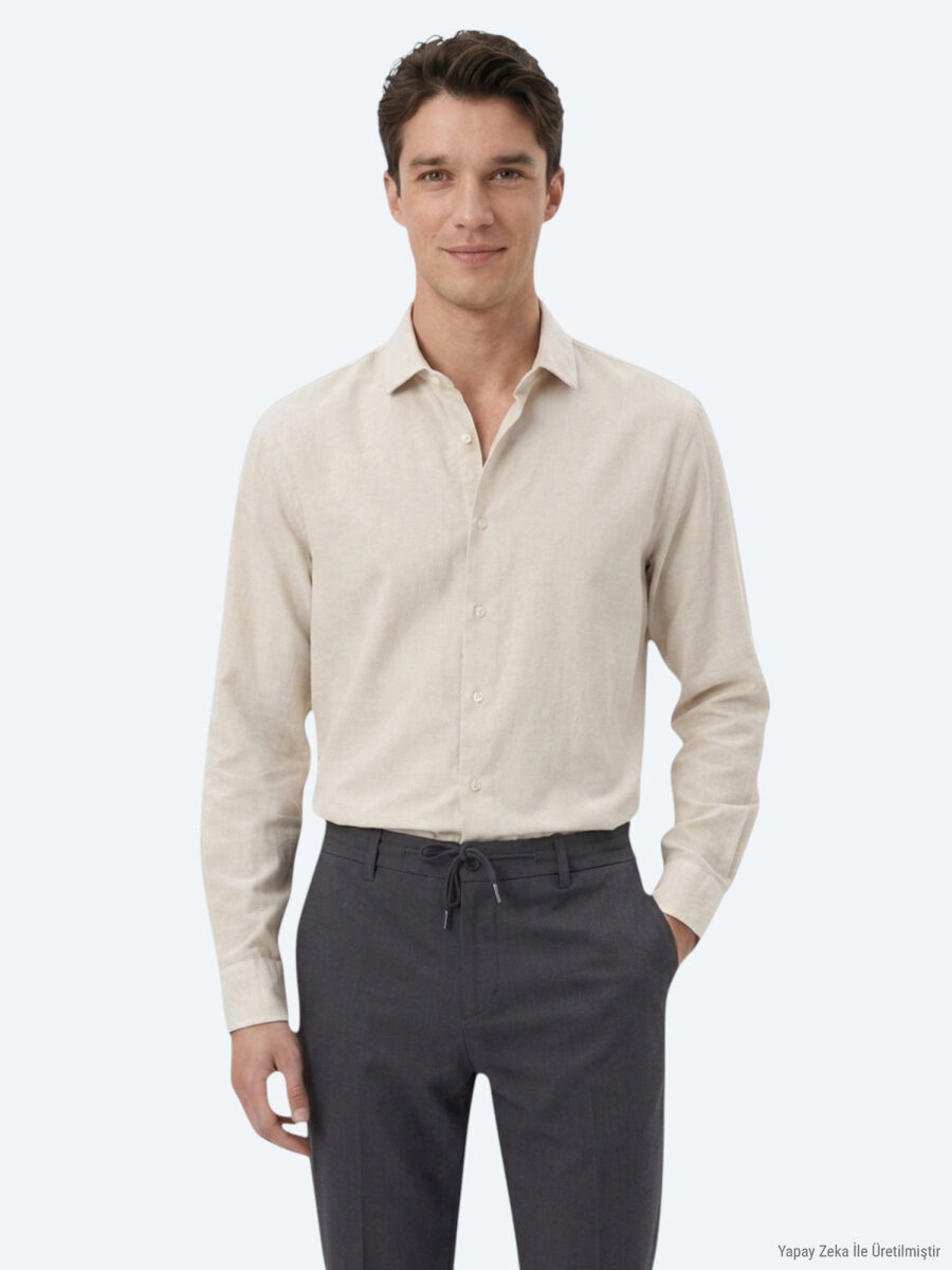 Dark Grey Plain Regular Fit Long Weaving Casual Cotton Blended Shirt - 1