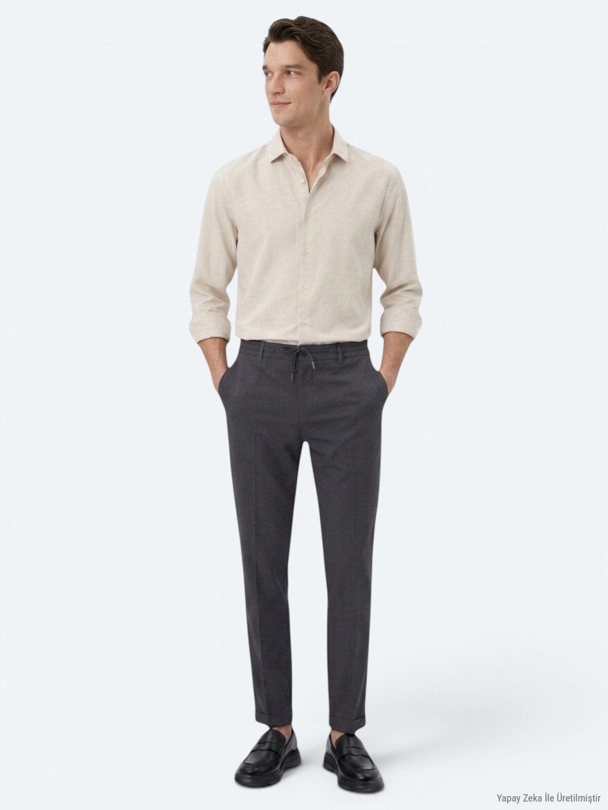 Dark Grey Plain Regular Fit Long Weaving Casual Cotton Blended Shirt - KİP