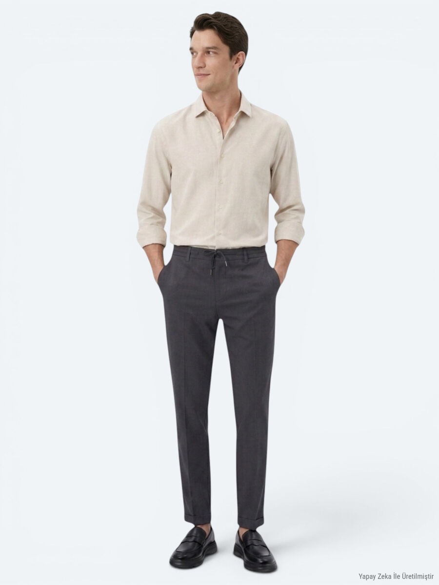 Dark Grey Plain Regular Fit Long Weaving Casual Cotton Blended Shirt - 2