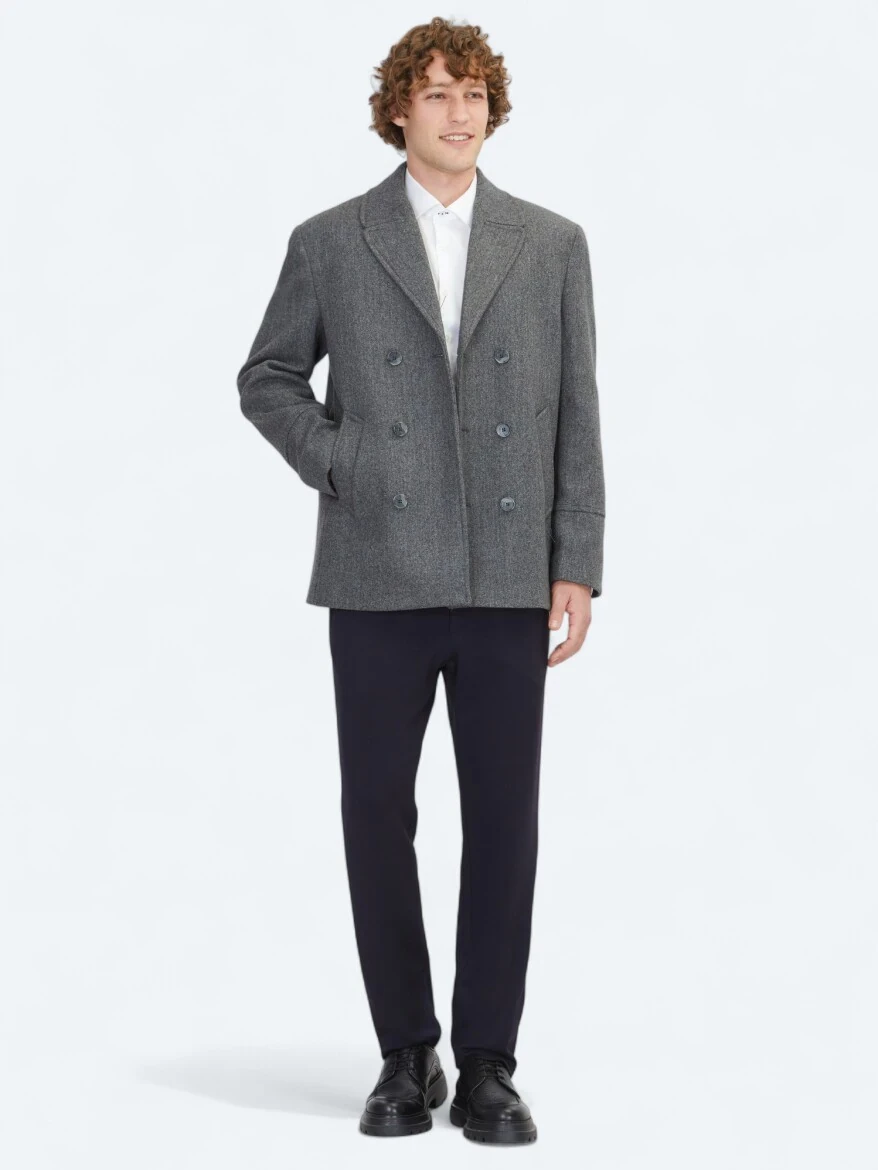 Dark Grey Regular Fit Double Breasted Collar Casual Knitting Coat - 2