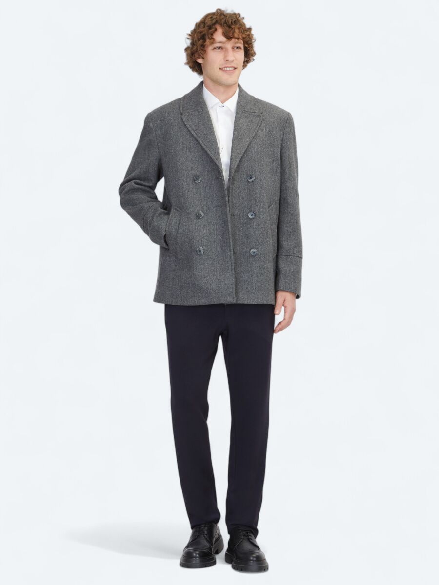 Dark Grey Regular Fit Double Breasted Collar Casual Knitting Coat - 2