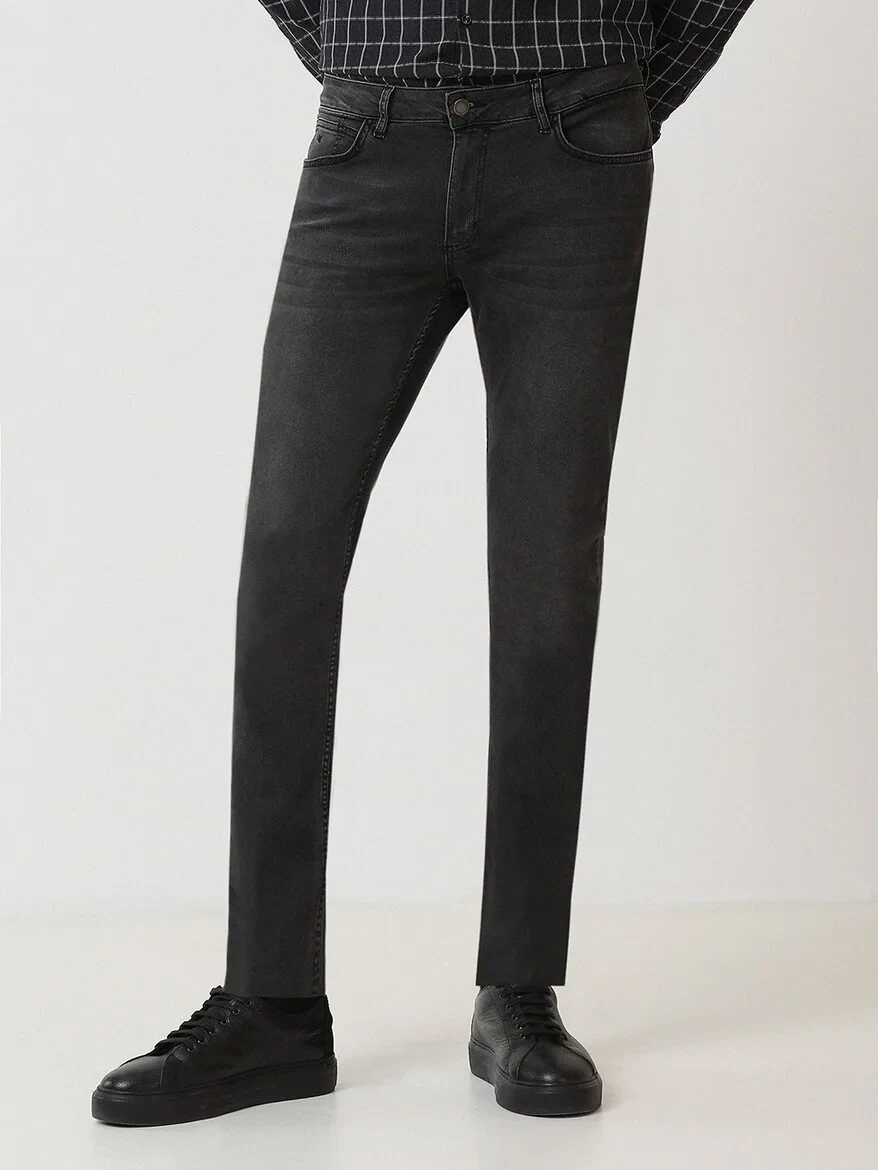 Dark Grey Slim Fit Denim Cotton Blended Trousers - 1