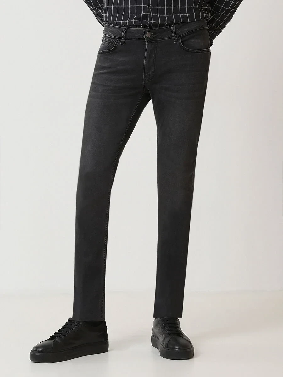 Dark Grey Slim Fit Denim Cotton Blended Trousers - 1