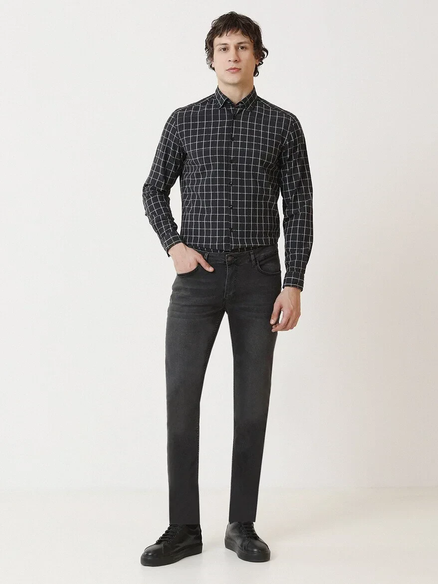 Dark Grey Slim Fit Denim Cotton Blended Trousers - 2