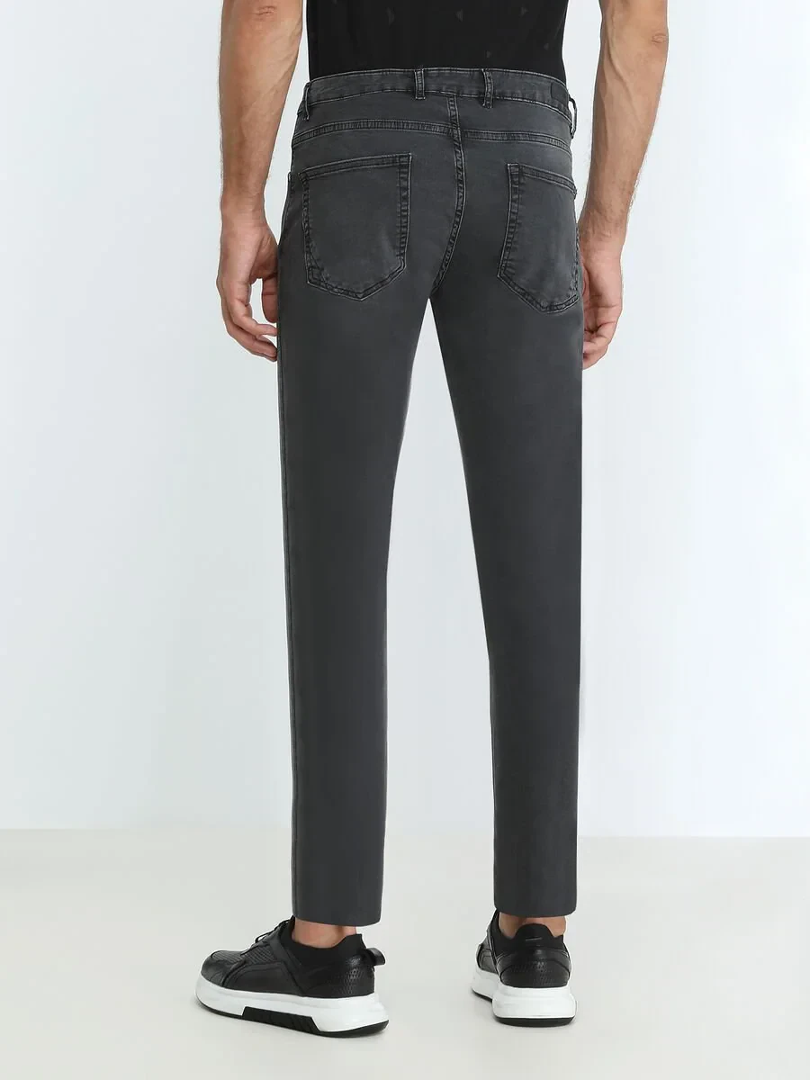 Dark Grey Slim Fit Denim Cotton Blended Trousers - 4