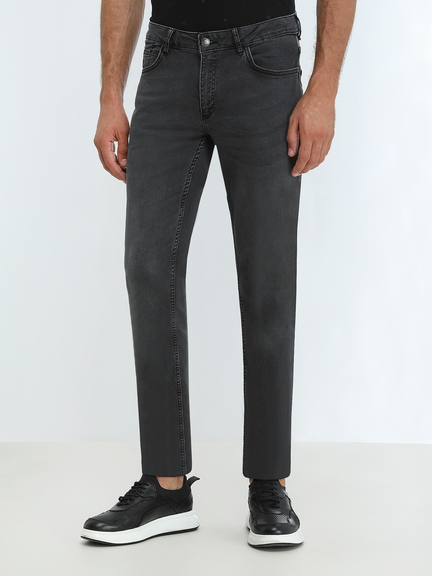 Dark Grey Slim Fit Denim Cotton Blended Trousers - 1