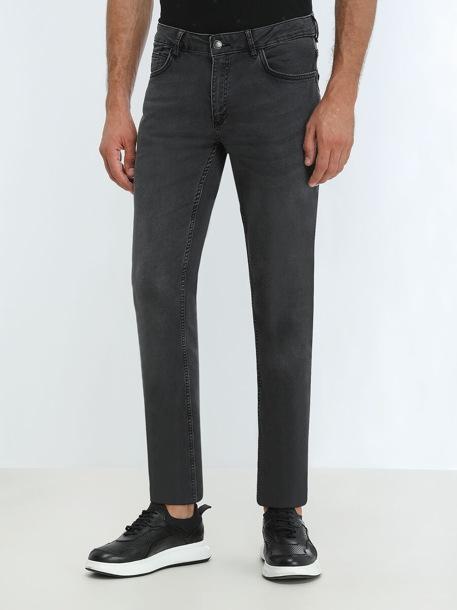 Dark Grey Slim Fit Denim Cotton Blended Trousers - 1
