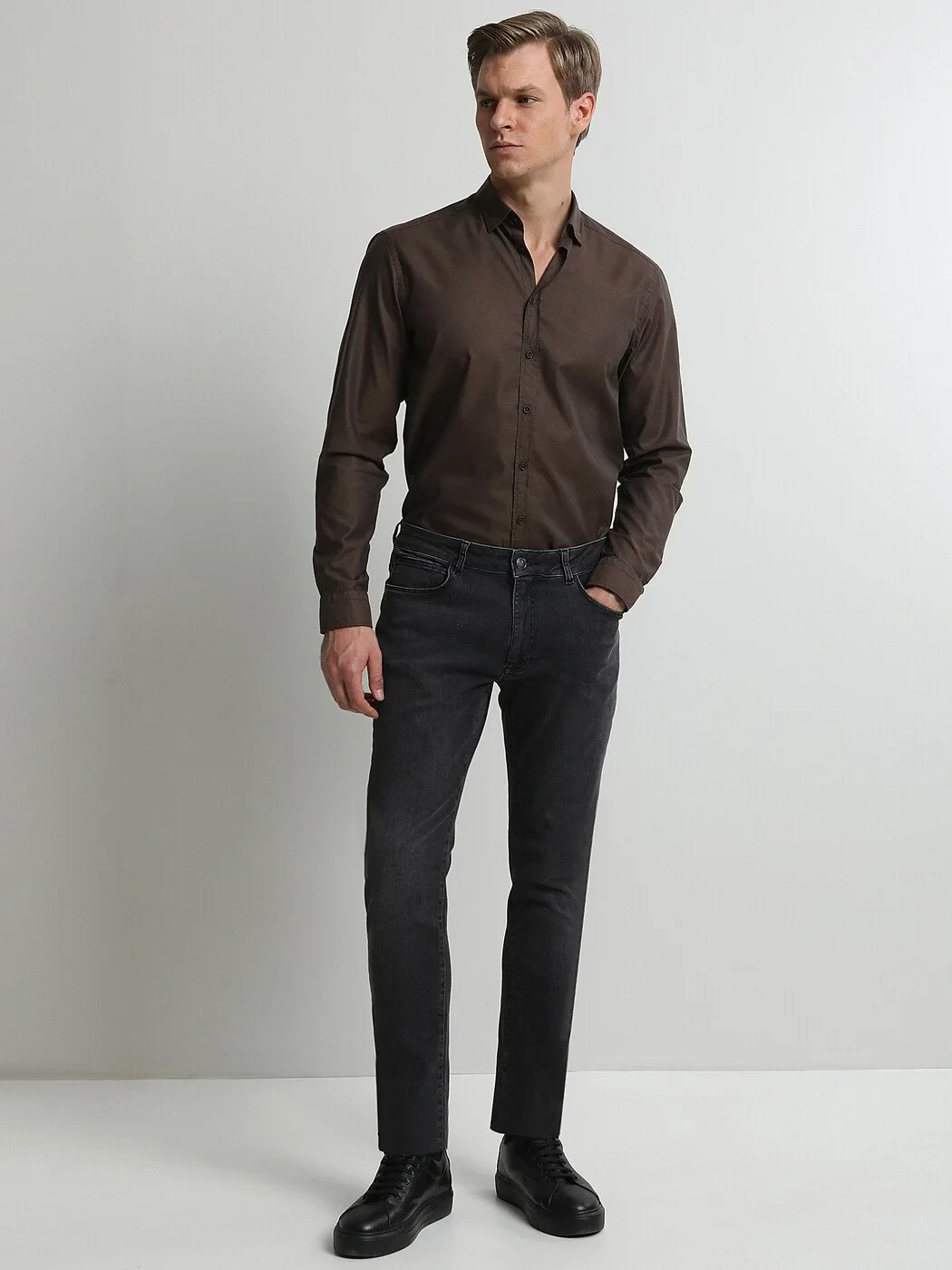 Dark Grey Slim Fit Denim Cotton Blended Trousers - 3