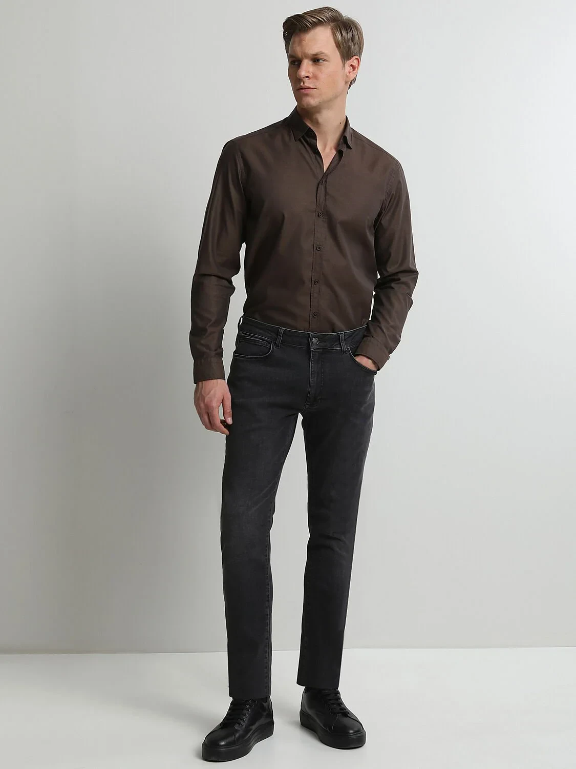 Dark Grey Slim Fit Denim Cotton Blended Trousers - 3