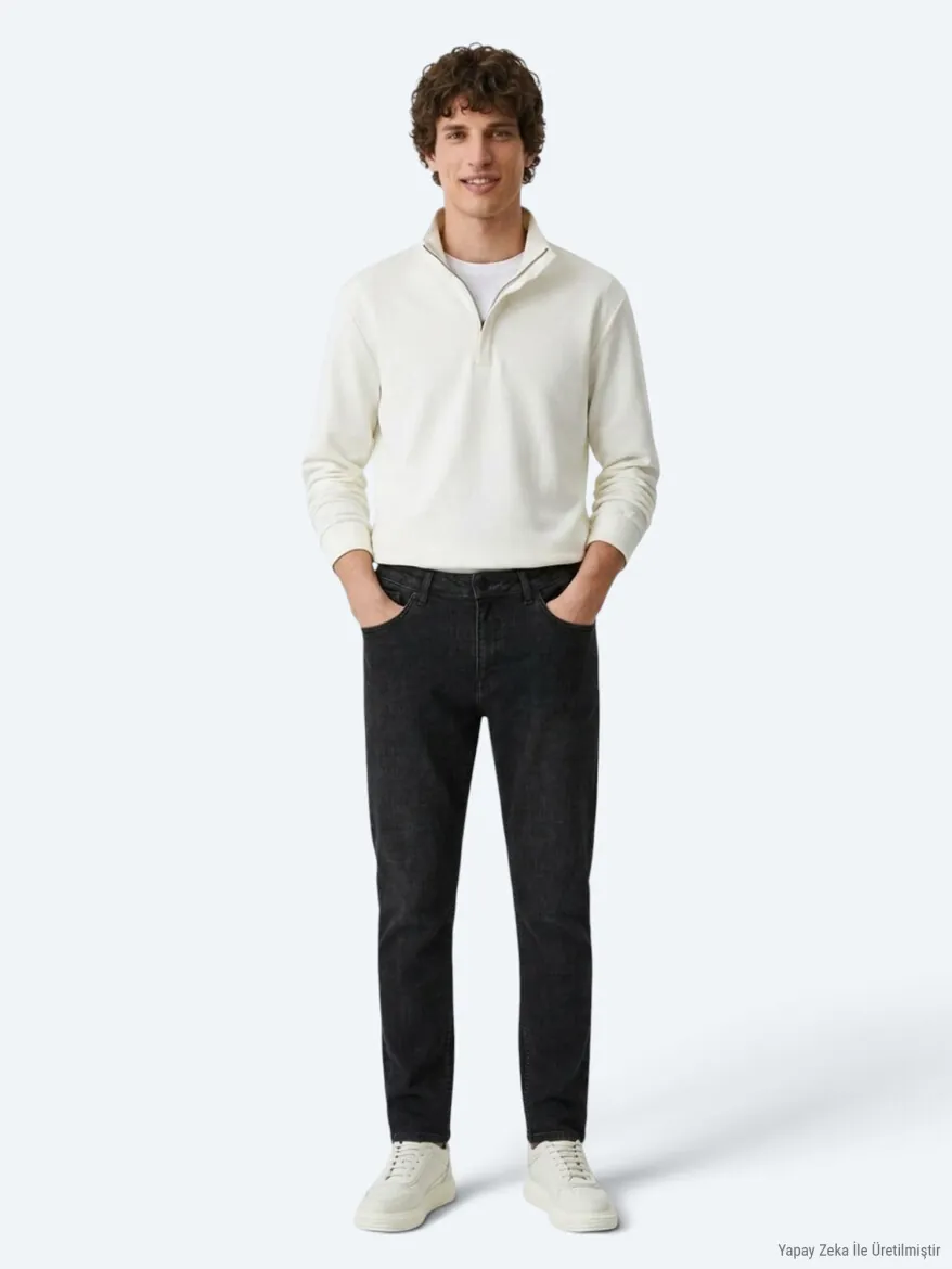 Dark Grey Slim Fit Denim Cotton Blended Trousers - KİP