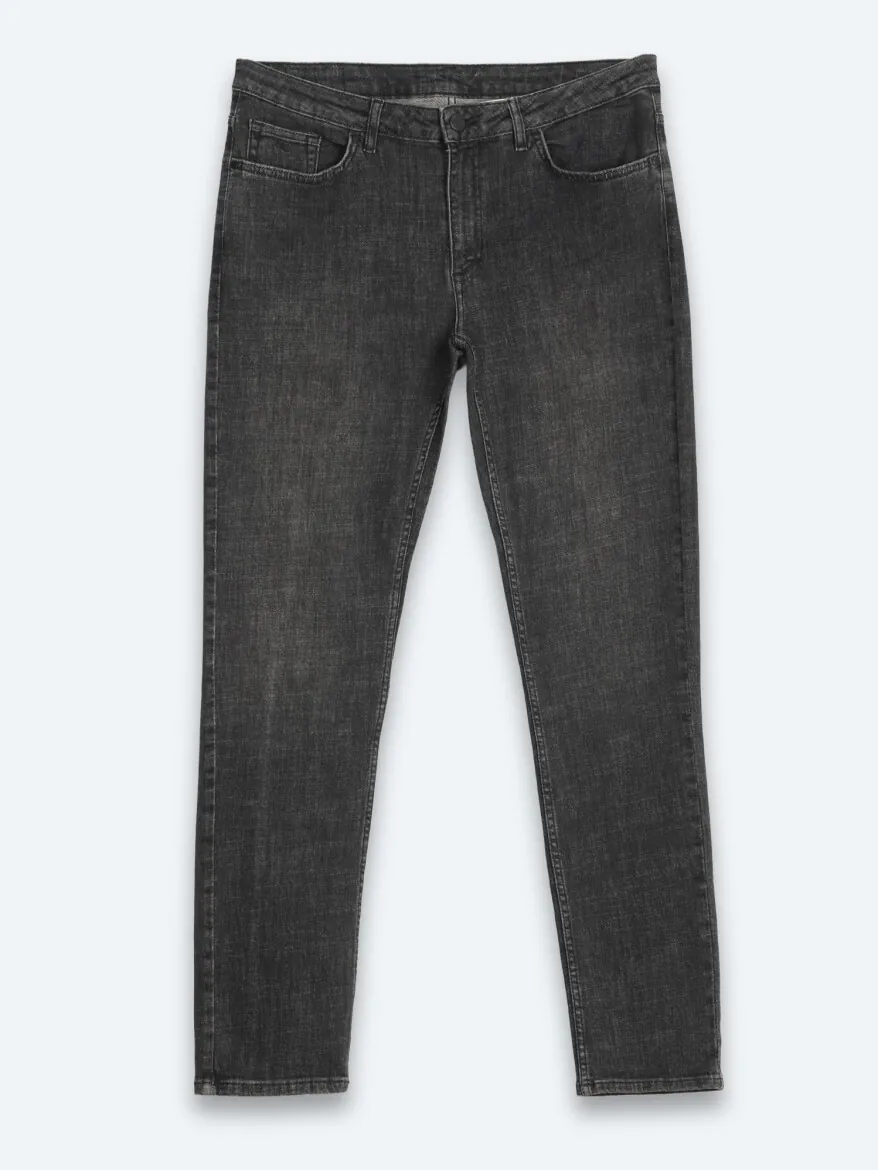 Dark Grey Slim Fit Denim Cotton Blended Trousers - 7