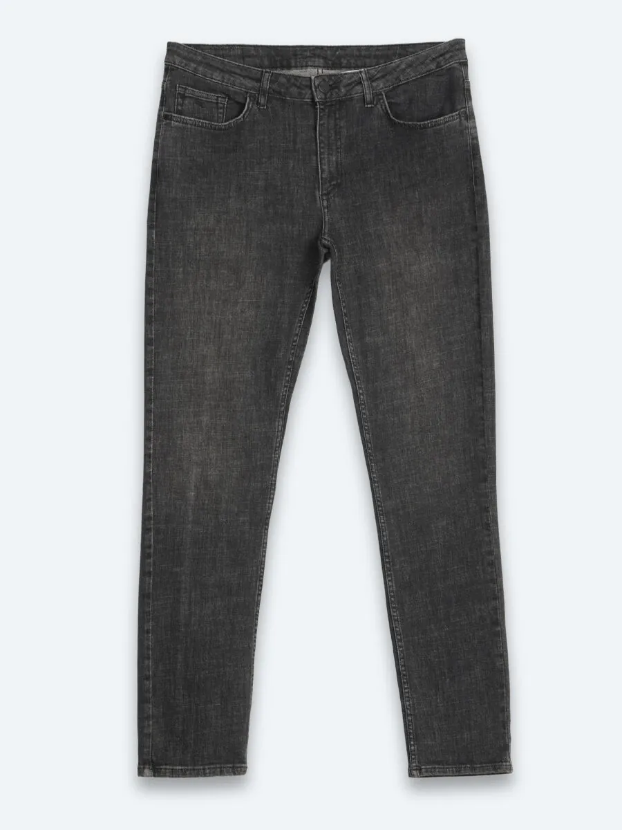 Dark Grey Slim Fit Denim Cotton Blended Trousers - 7