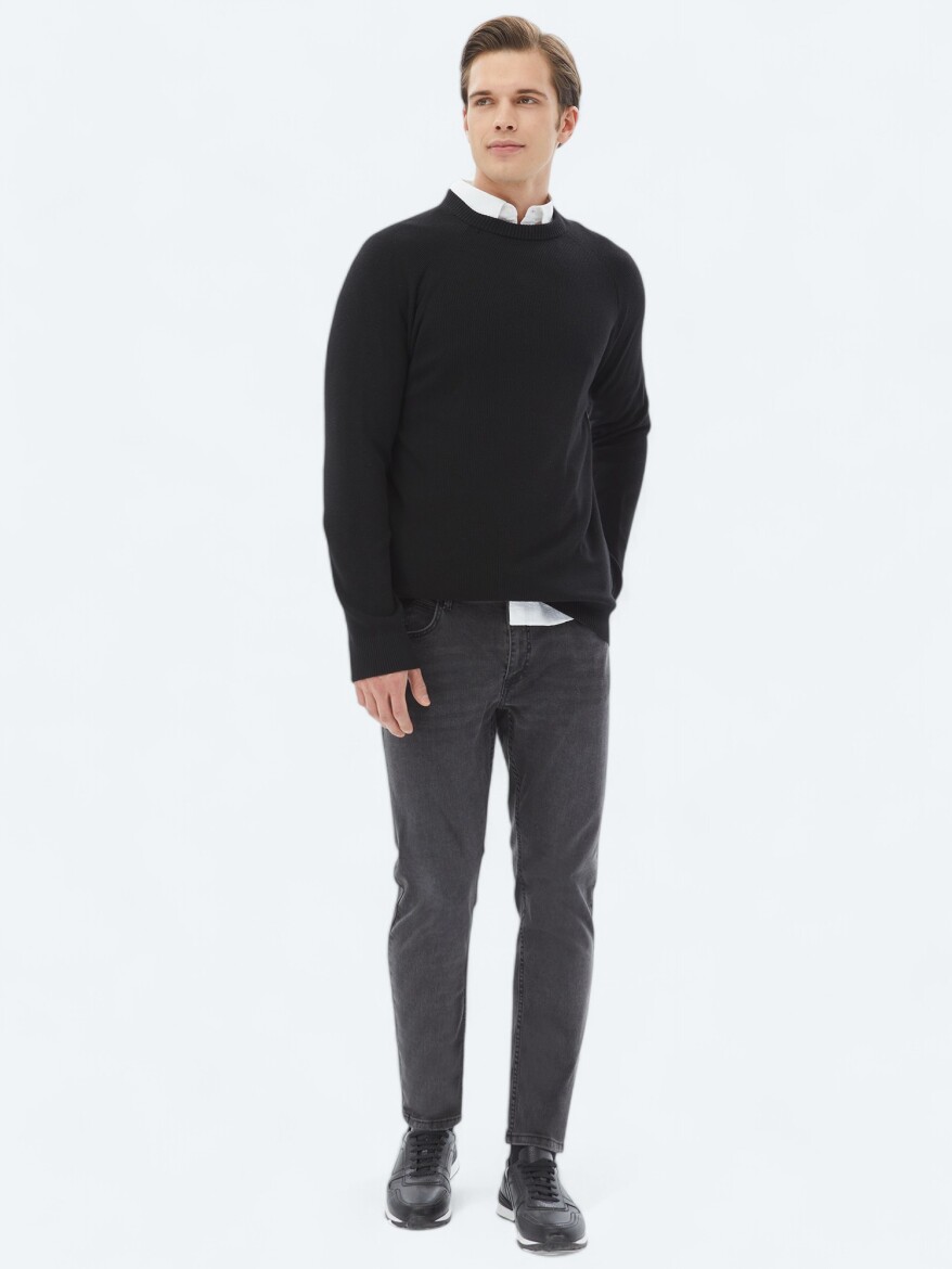 Dark Grey Super Slim Fit Denim Cotton Blended Trousers - 1