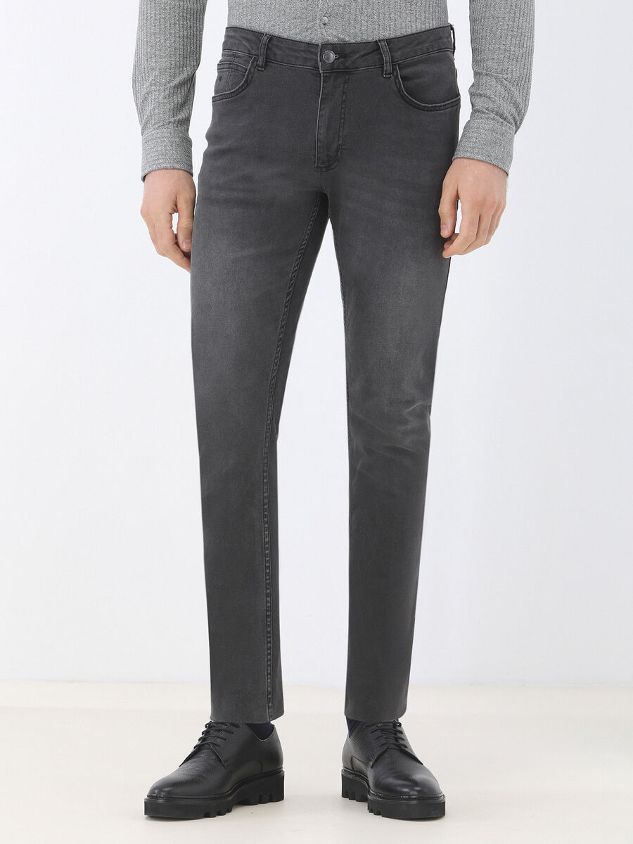 Dark Grey Super Slim Fit Denim Cotton Blended Trousers - 1