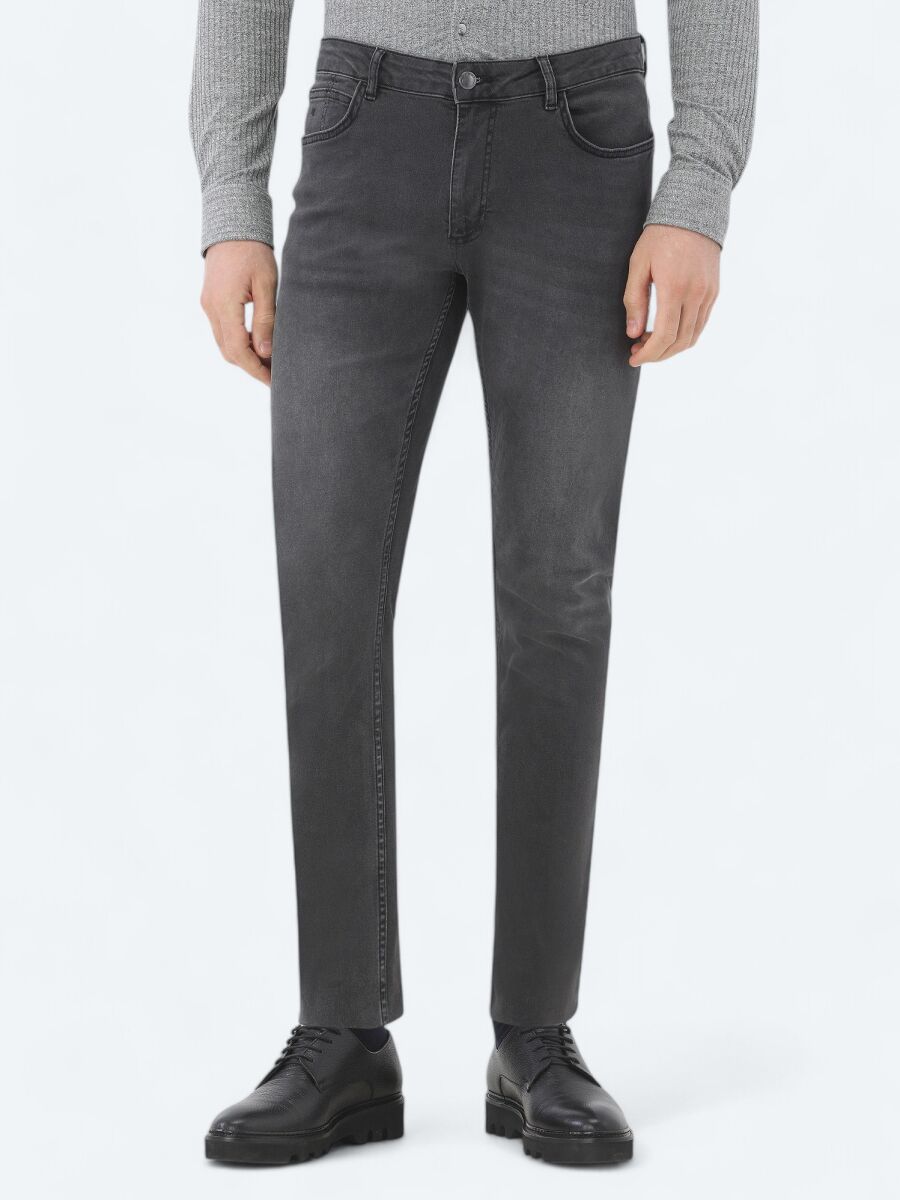 Dark Grey Super Slim Fit Denim Cotton Blended Trousers - 2