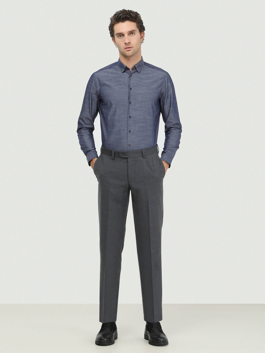 Dark Grey Weaving Fitted Fit Classical Wool Blended Trousers - 2