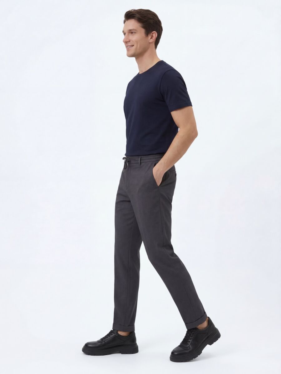 Dark Grey Weaving Jogging Fit Casual Cotton Blended Trousers - 3
