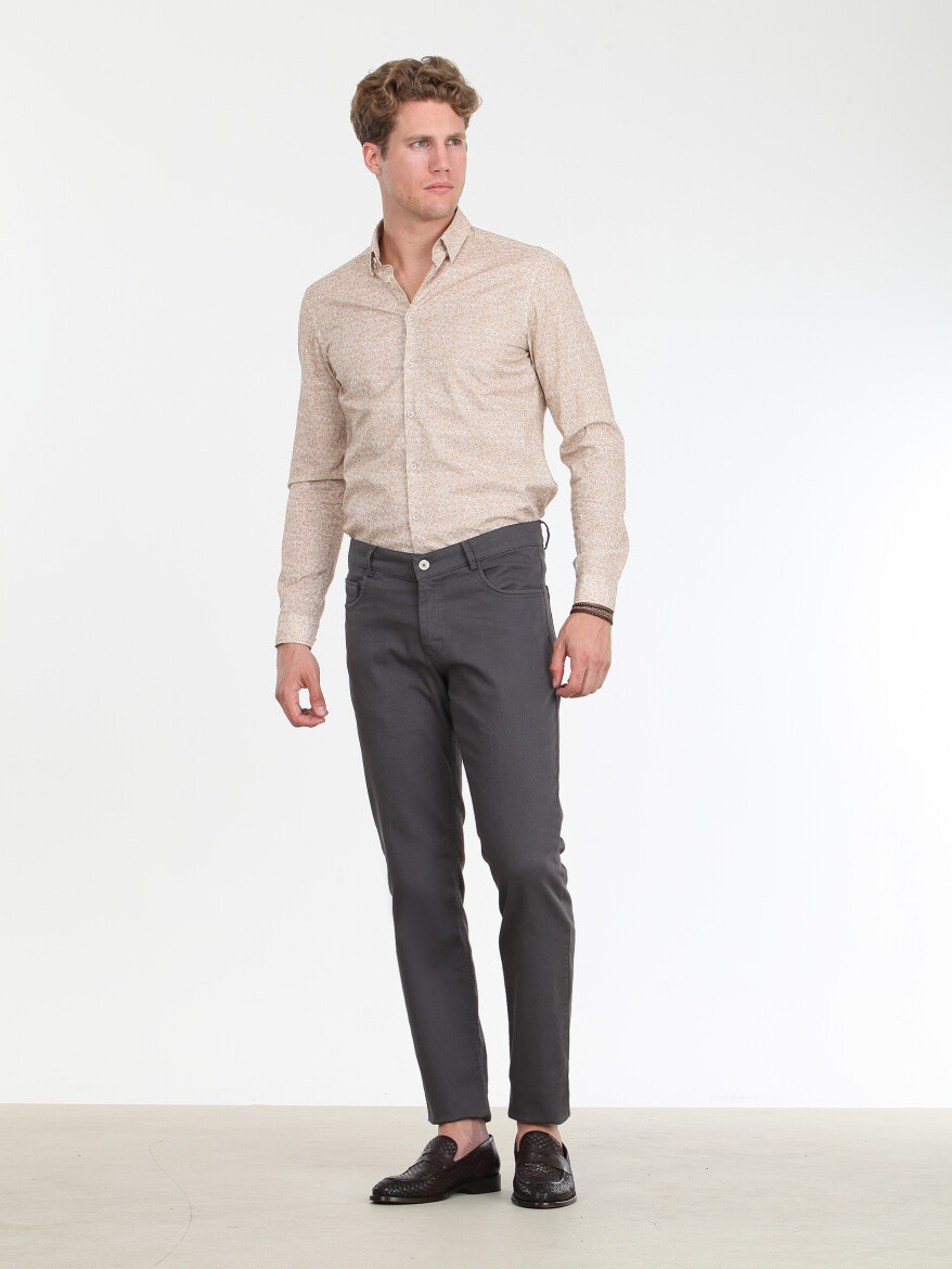 Dark Grey Weaving Slim Fit Casual Cotton Blended Trousers - KİP