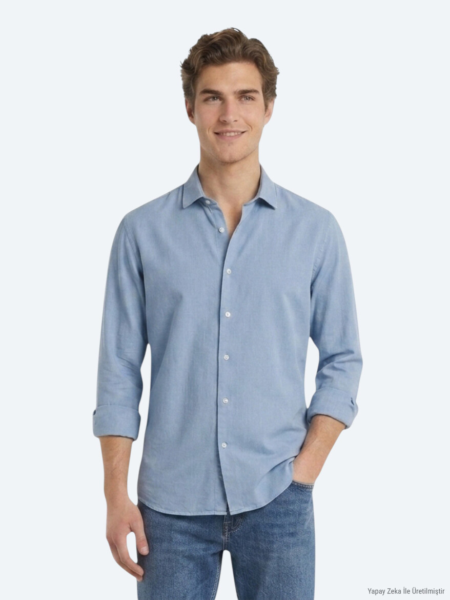 Dark Indigo Plain Regular Fit Long Weaving Casual Cotton Blended Shirt 