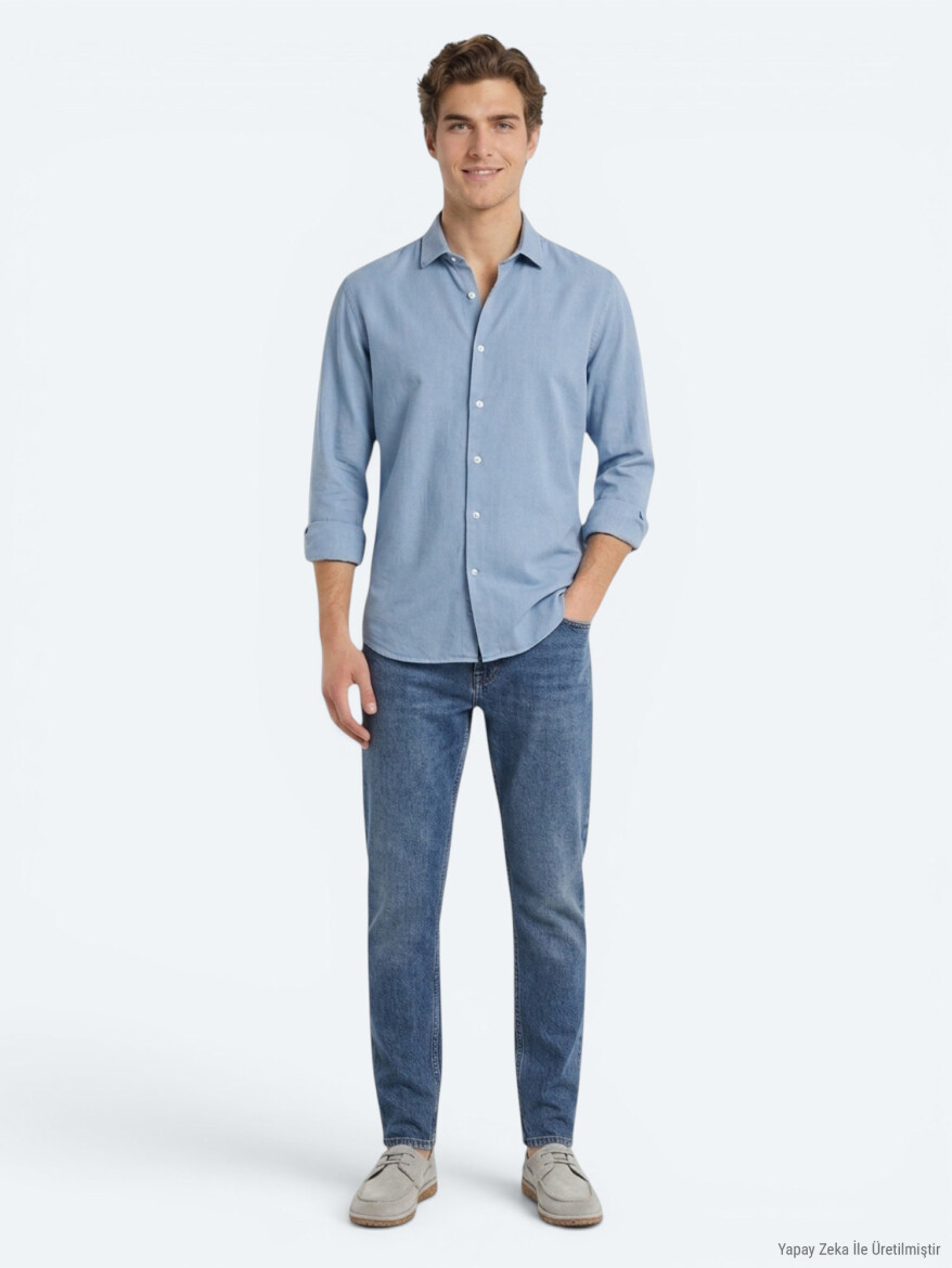 Dark Indigo Plain Regular Fit Long Weaving Casual Cotton Blended Shirt - 4