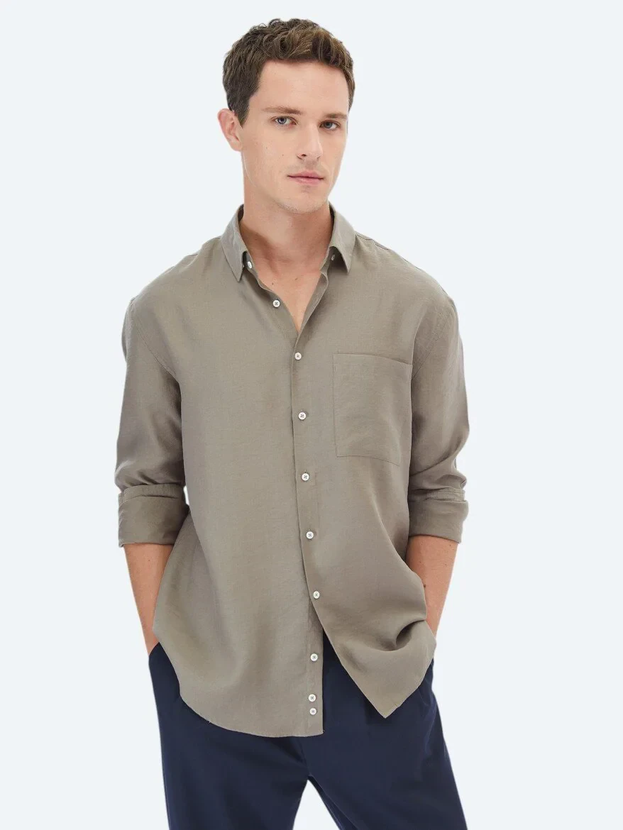 Dark Mink Plain Oversize Fit Weaving Casual Shirt - 1