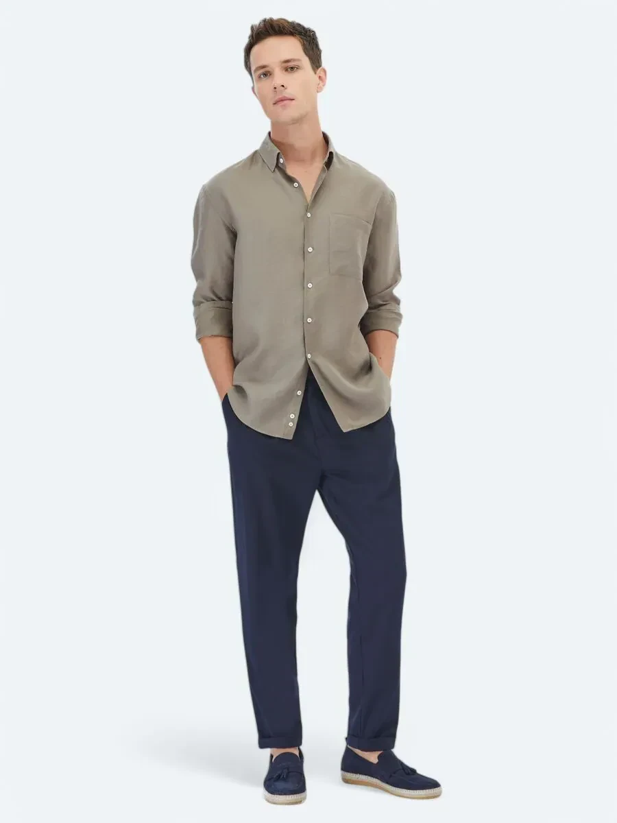 Dark Mink Plain Oversize Fit Weaving Casual Shirt - 2