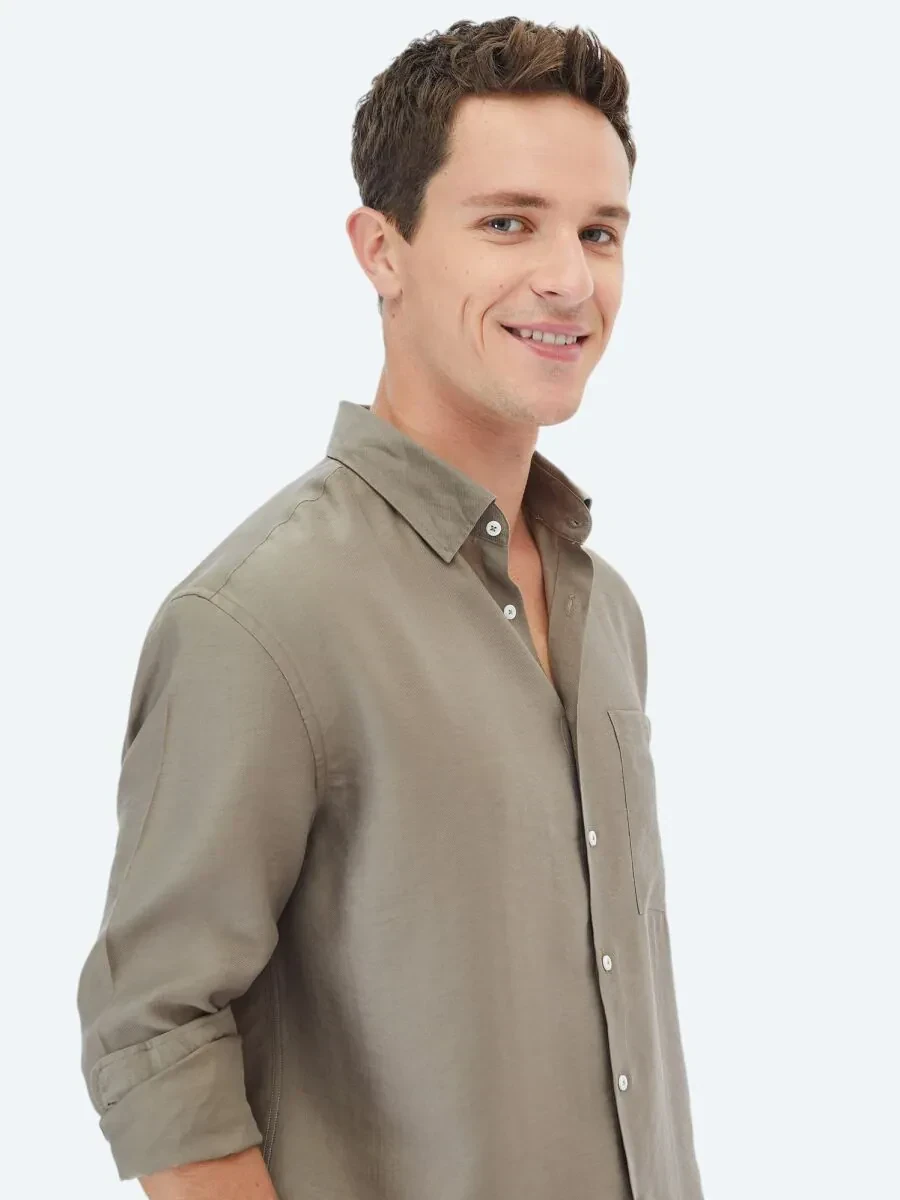 Dark Mink Plain Oversize Fit Weaving Casual Shirt - 4