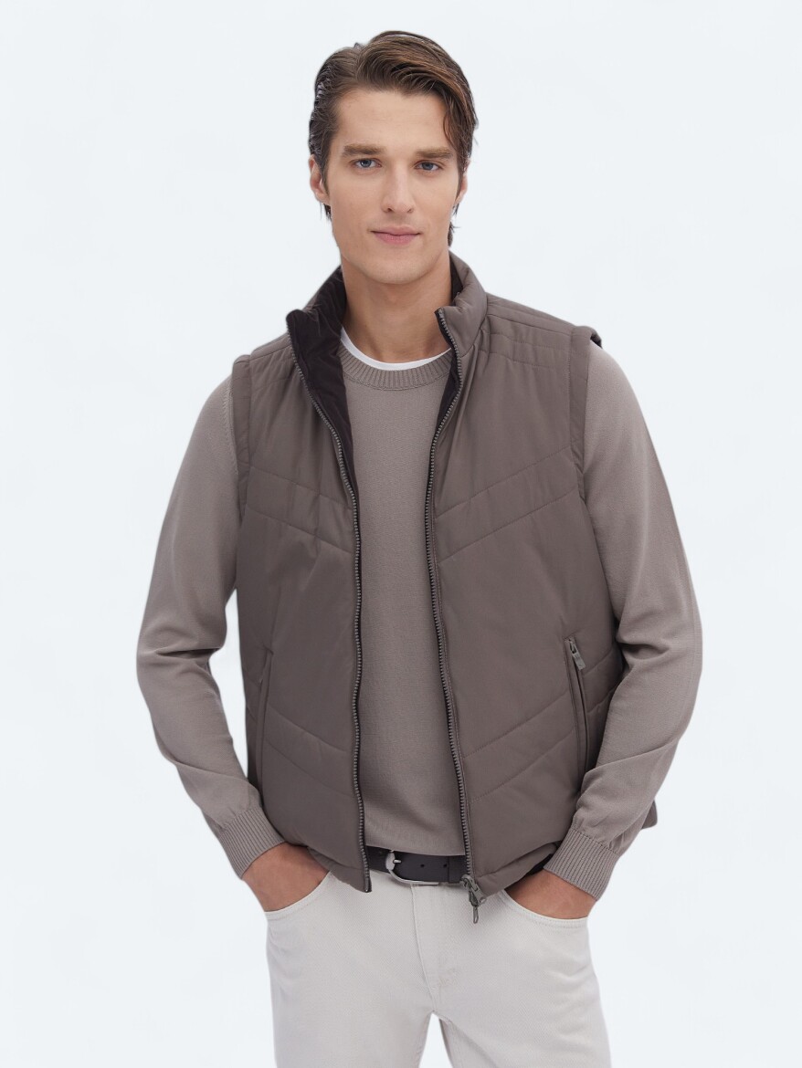 Dark Mink Regular Fit Hidden Hood Casual Weaving Puffer Vest - 1