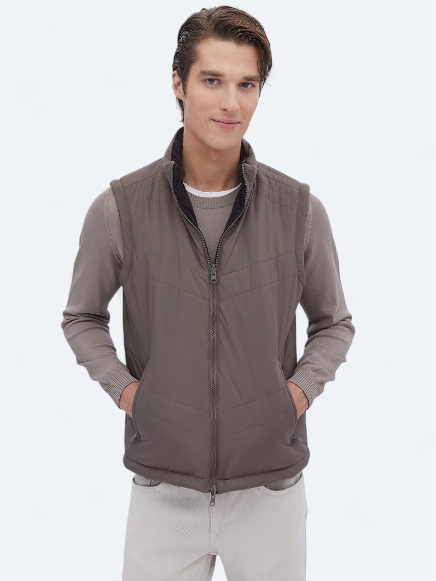 Dark Mink Regular Fit Hidden Hood Casual Weaving Puffer Vest - 5