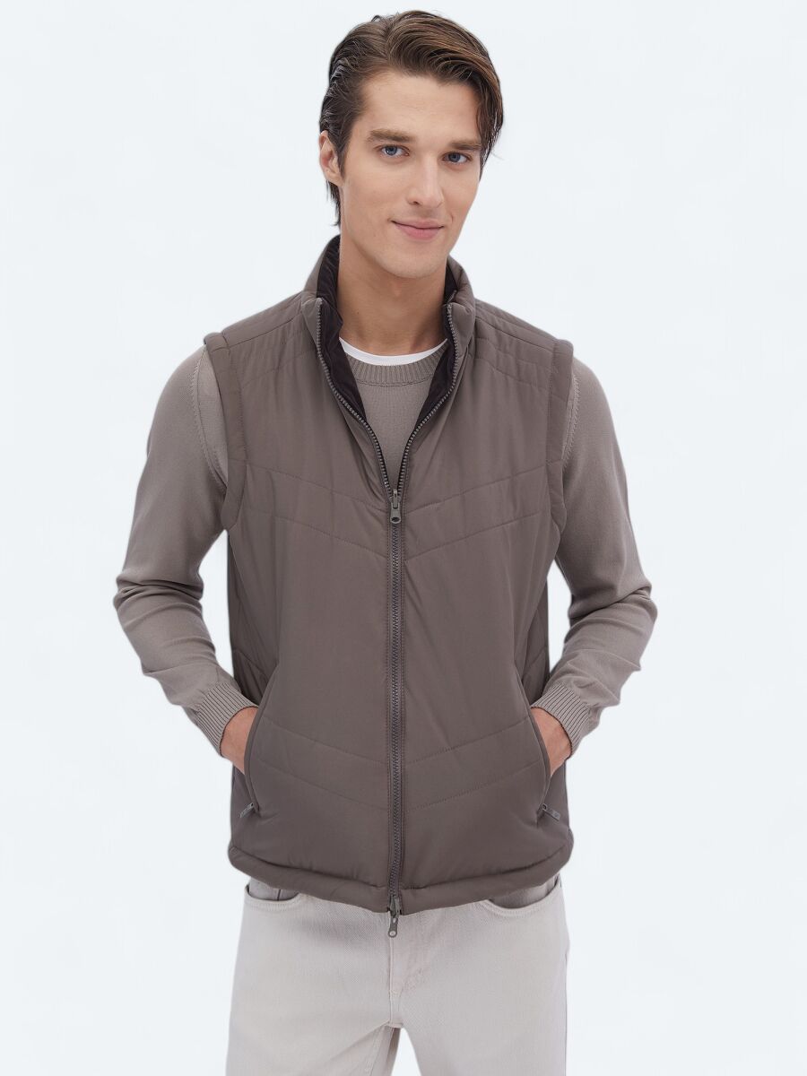 Dark Mink Regular Fit Hidden Hood Casual Weaving Puffer Vest - 5