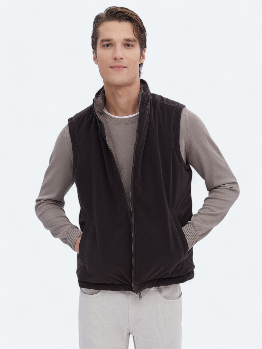 Dark Mink Regular Fit Hidden Hood Casual Weaving Puffer Vest - 6