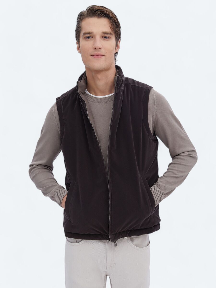 Dark Mink Regular Fit Hidden Hood Casual Weaving Puffer Vest - 6