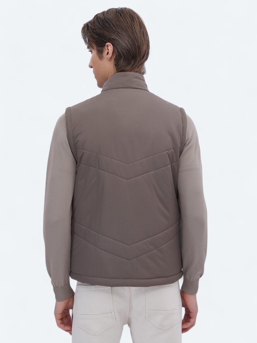 Dark Mink Regular Fit Hidden Hood Casual Weaving Puffer Vest - 11